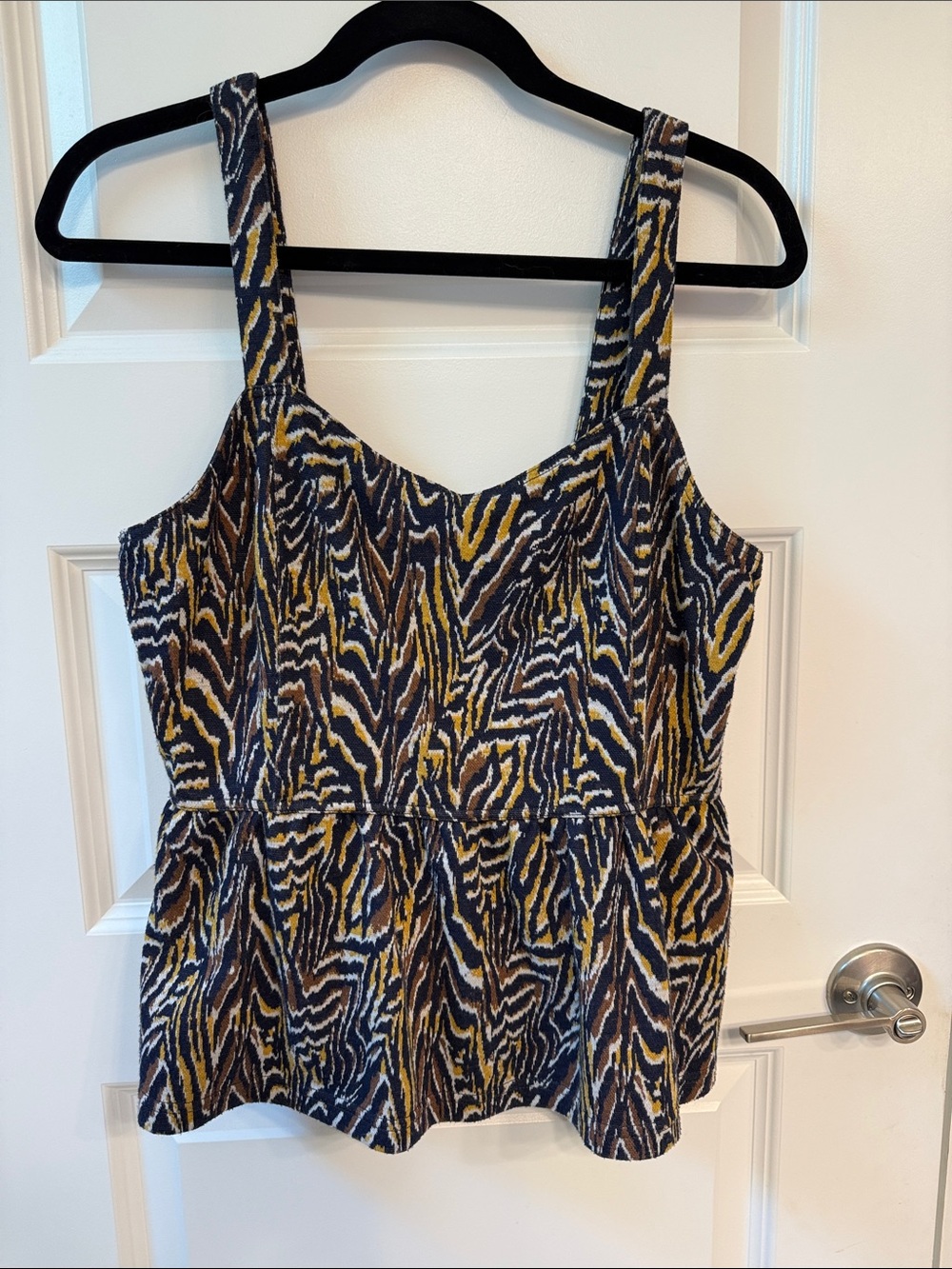 Anthropologie Zebra-Print Peplum Camisole in Navy, Mustard & Brown